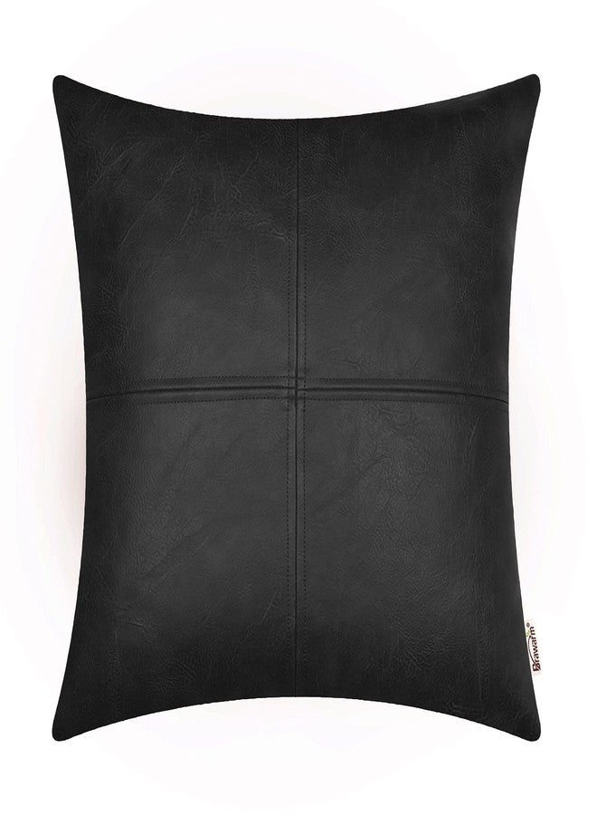 BRAWARM Faux Leather Throw Pillow Covers 22 X 22 Inches, Black Leather Pillow Cover, Hand Stitched Leather Decorative Pillow Cover for Couch Sofa Bed Living Room Home Garden - Image 1
